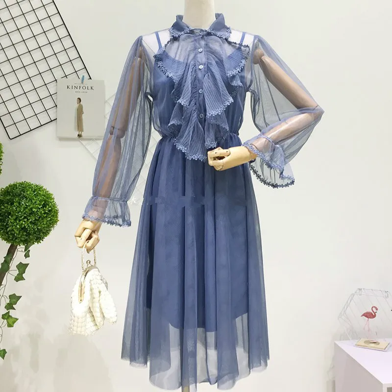 

2019 Sweet Long Flare Sleeve Women Ruffles Mesh Dresses Female Long Sleeve Ruffles Mesh Dress A-line Visible Lace Dresses