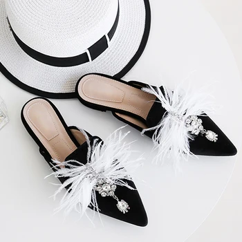 

Vogue Pointed Toe Women Flats Shoes Luxury Rhinestone Flat Shoes For Women White Feather Wedding Shoes Women SWA0077