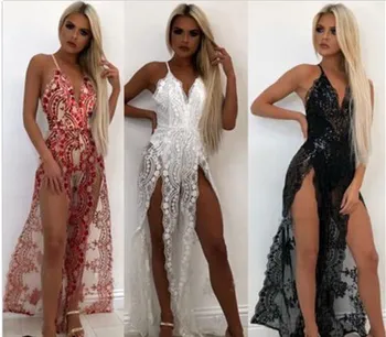 

Women Lady Sexy See-through Mesh Lace Summer Dress Deep-V Backless Spaghetti Strap Sleeveless Sheer Long Dress Women Clothes