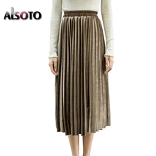 ALSOTO осень и зима новые женские однотонные юбки Корейская версия миди юбки повседневные высококачественные хлопковые плиссированные юбки