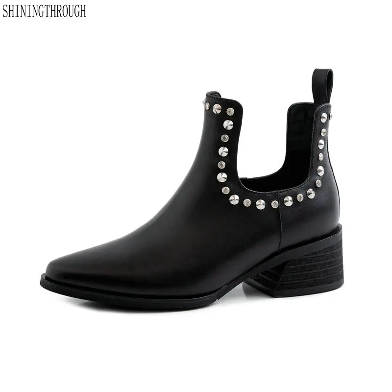 

2019 Spring autumn Women Genuine Leather Chelsea Boots Thick High Heels Ankle Booties Fashion Rivet Handmade Ladies Shoes