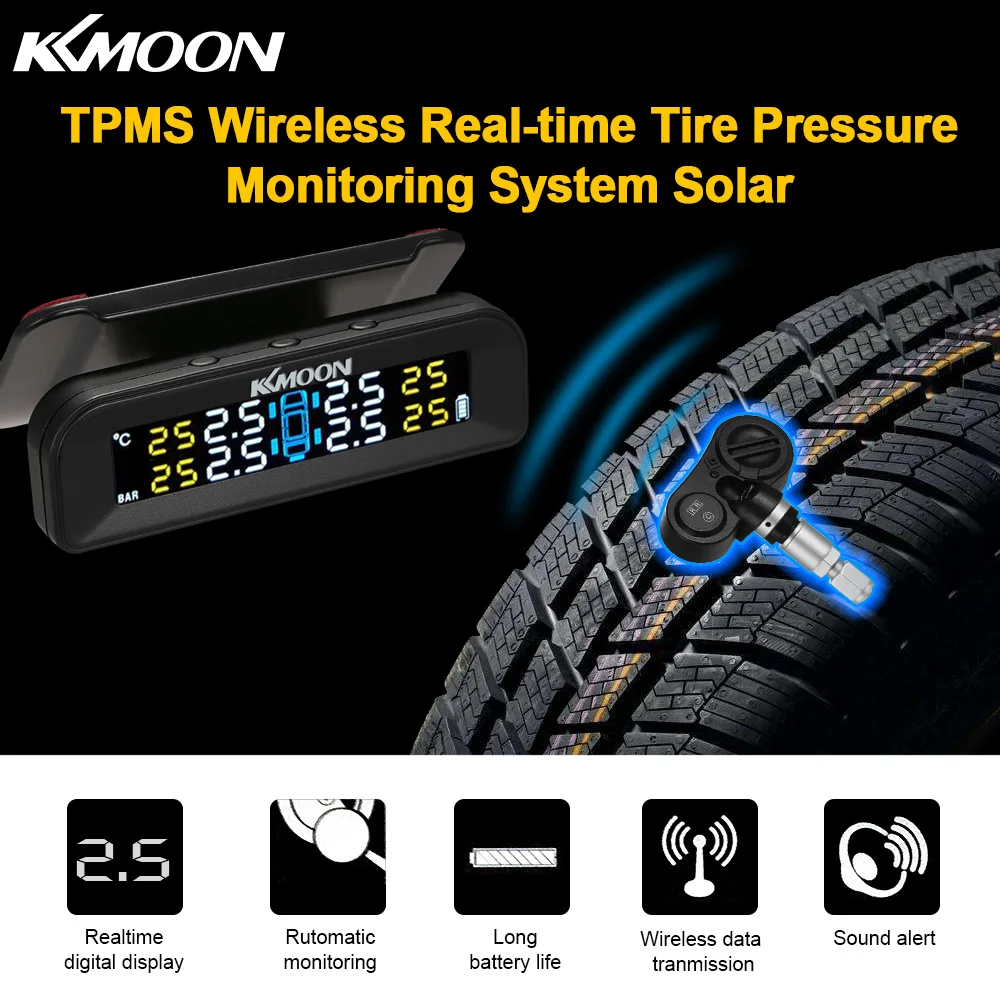 

KKmoon TPMS Wireless Real-time Tire Pressure Monitoring System Solar Energy with Clear LCD 4 Internal Sensors Alarm Function