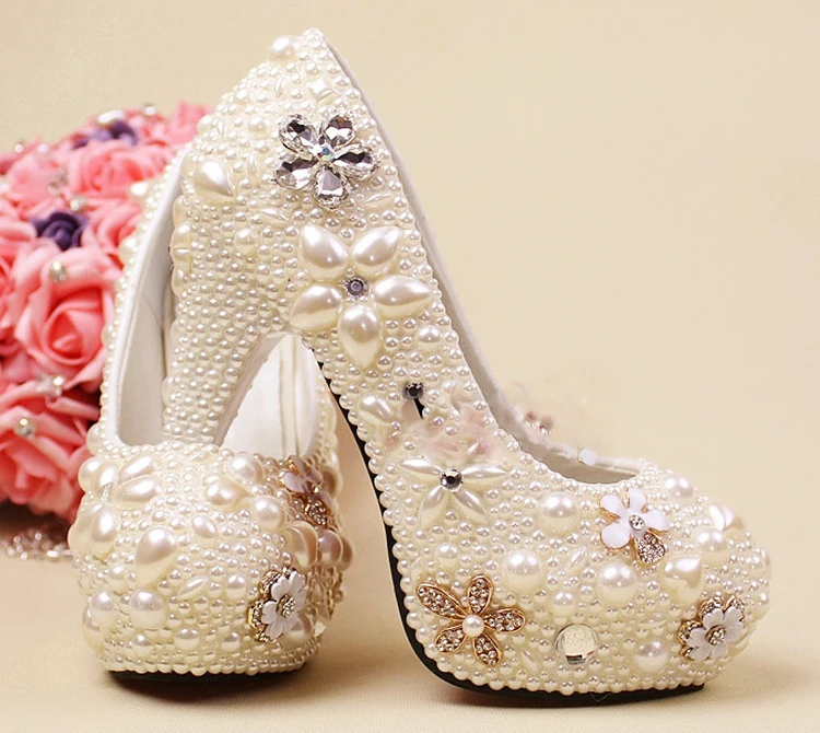 

Nice Luxury full White Pearls lady's formal Jeweled Women's Bridal Evening Wedding Prom Party Bridesmaid shoes