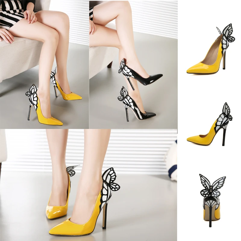 yellow heels with feathers