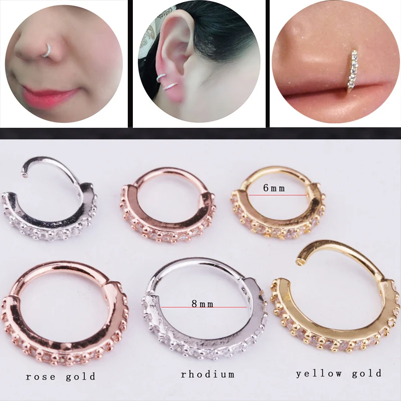 

Sellsets 2018 New 1piece 6&8mm rose & yellow gold color circle cz daith earring nose ring lip piercing septum ring
