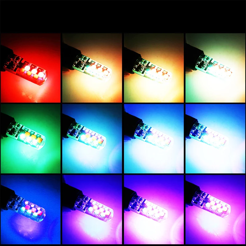Красочный W5W T10 RGB габаритный светильник, универсальный автомобильный RGB COB 12SMDs разноцветный многомодовый T10 автомобильный светильник с пультом дистанционного управления