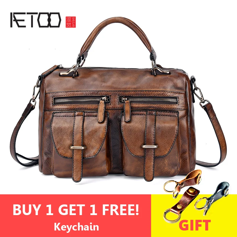 

AETOO Retro Postman Bag, hand-held crossbody bag, Lady head cowhide shoulder bag, tree paste leather leather woman bag