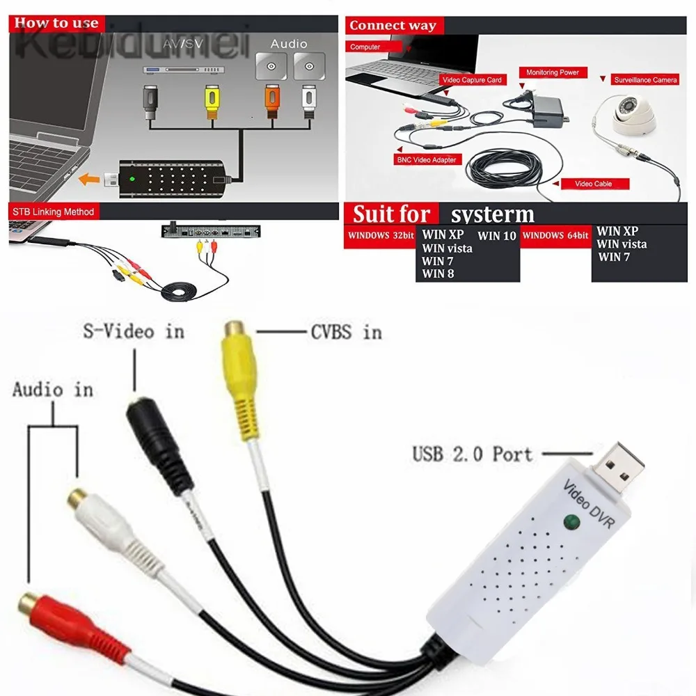 Kebidu USB 2,0-RCA кабель адаптер конвертер аудио видео захвата карты адаптер Кабели для ПК для ТВ DVD VHS устройство захвата u tv 007