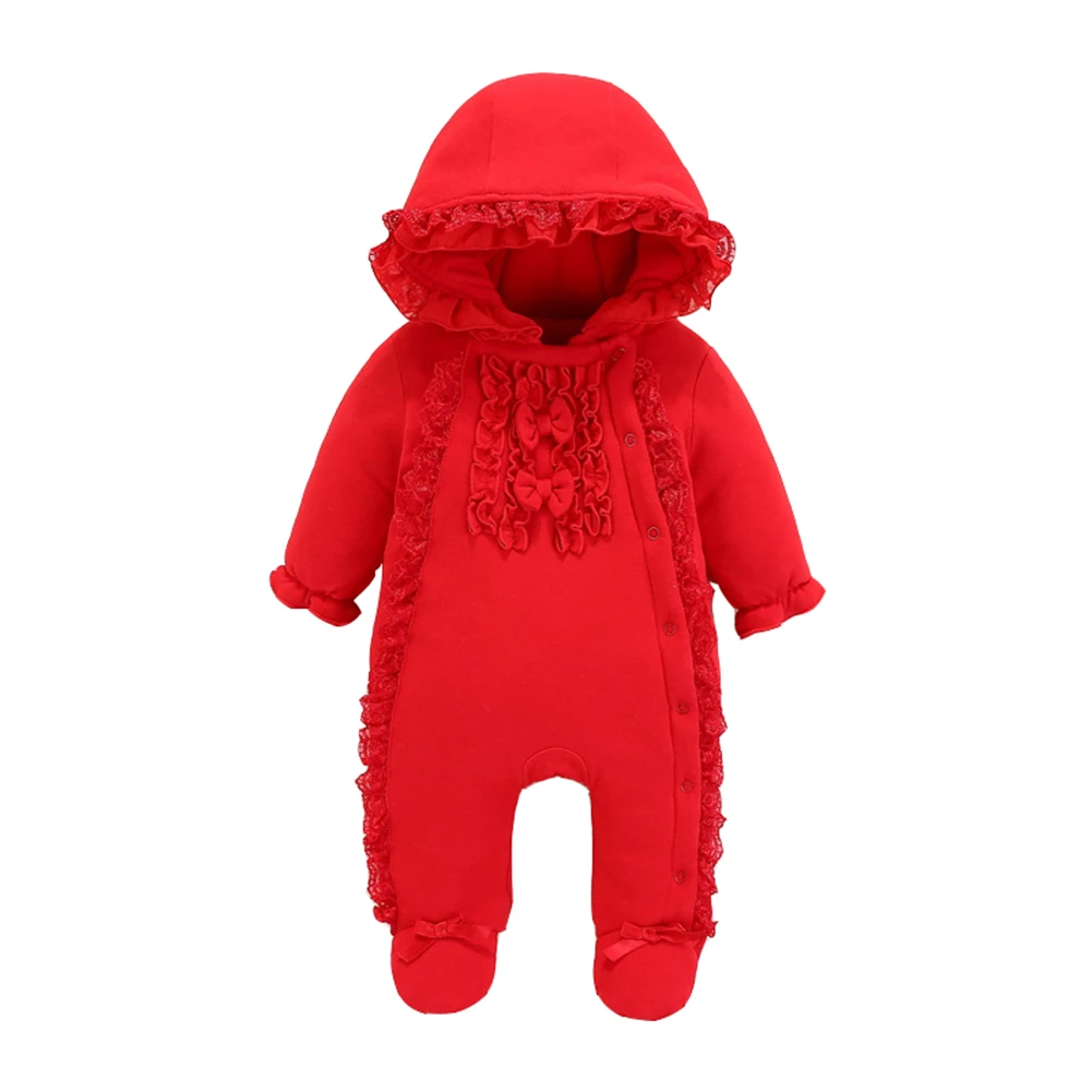 Детская одежда с капюшоном для маленьких девочек; одежда для маленьких девочек; плотные Зимние толстовки с капюшоном; цельнокроеная хлопковая Милая одежда для малышей; комбинезоны - Цвет: red