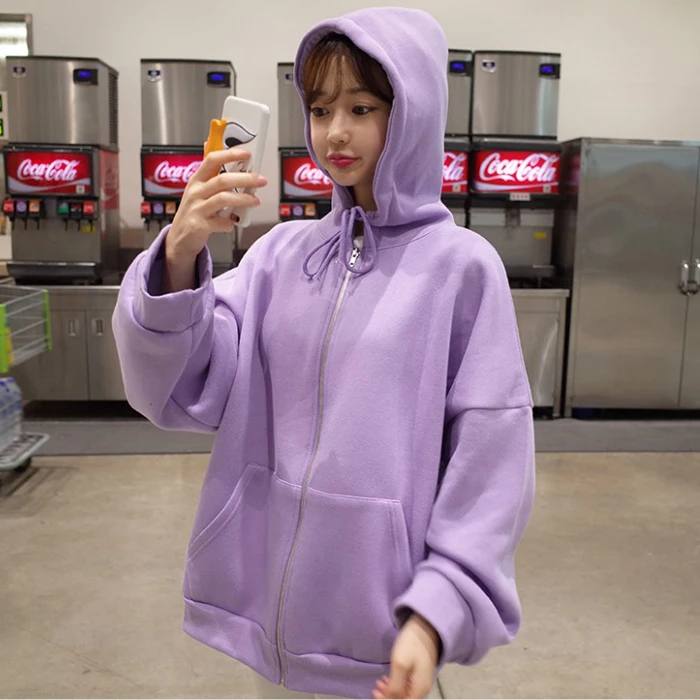 Однотонная фиолетовая толстовка с капюшоном Kpop Свитер оверсайз куртка на молнии