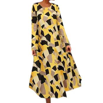 

Original Plus size Summer Dress Women’s Printed Long Sleeve O-neck Maxi Dress Hem Baggy Kaftan Mid Dress 20