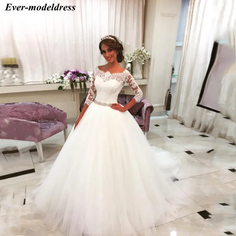 

2019 Elegant A-Line Wedding Dresses With Sleeves Lace Appliques Beaded Sash Bride Dress abito da sposa