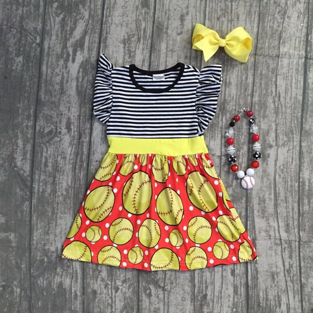

2018 new girl kids clothing baseball dress black stripes yellow baseball boutique clothes available with matching accessories