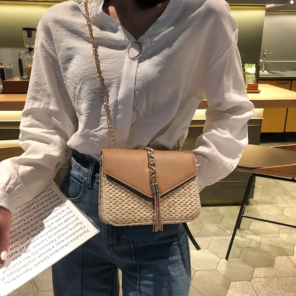 مهدب سلسلة صغيرة رفرف حقيبة للنساء 2019 جديد القش Crossbody حقائب السيدات الصيف رسول شنطة كتف والمحافظ