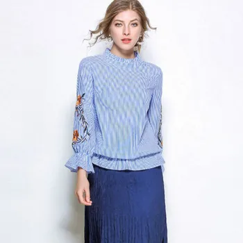 

2018 Autumn New Style Stand Collar Embroidered Flare Sleeve Blouse Fashion Plus Size Women's Clothing Stripe All Matched Top