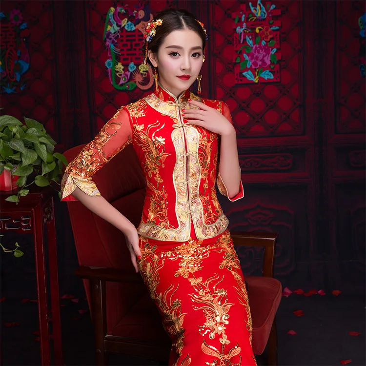 Красный Традиционный китайский невеста, свадебное платье 2019 новый Cheongsam атласное платье невесты Для женщин затяжные помехи элегантный