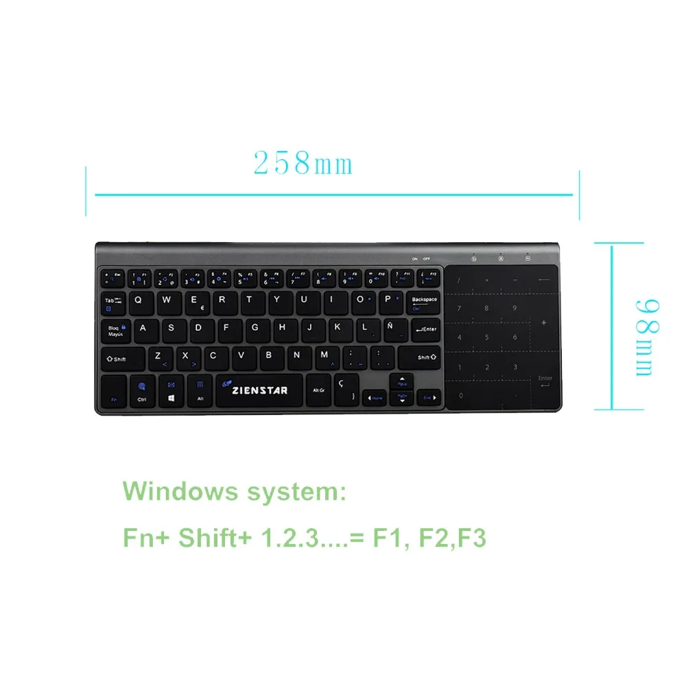 Kopen Zienstar Spaans 2.4 Ghz Draadloze Toetsenbord met Touchpad en Nummer Pad voor Windows PC, Laptop, Ios pad, smart TV, HTPC, Android Doos
