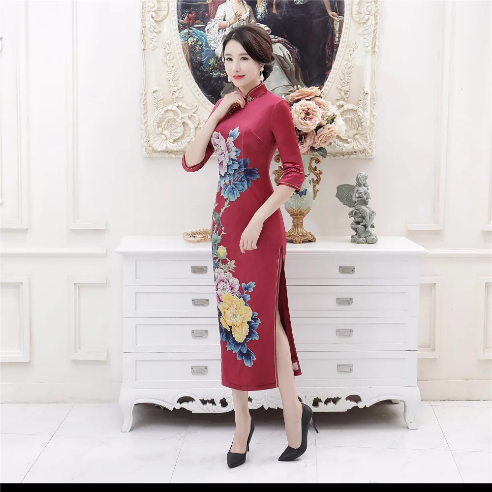 Шанхай история бархат Ципао китайское традиционное платье 3/4 с длинным рукавом платье Ципао китайский Восточный платье