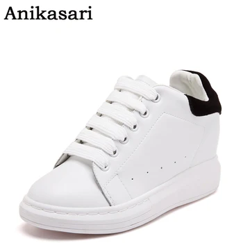

2017 New Spring Women Casual Shoes Leather Wedge Platfotm Shoes Woman High Increasing Footwear Ladies White Hidden Heel Trainers