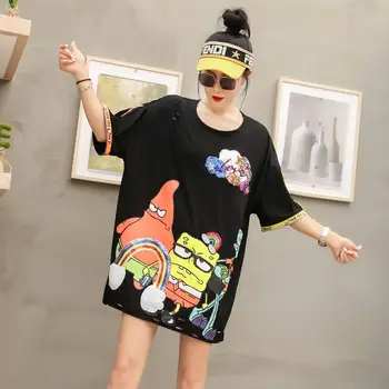 

European station Thailand street fashion new heavy work sequins cartoon chic lazy wind loose T-shirt female hole dress