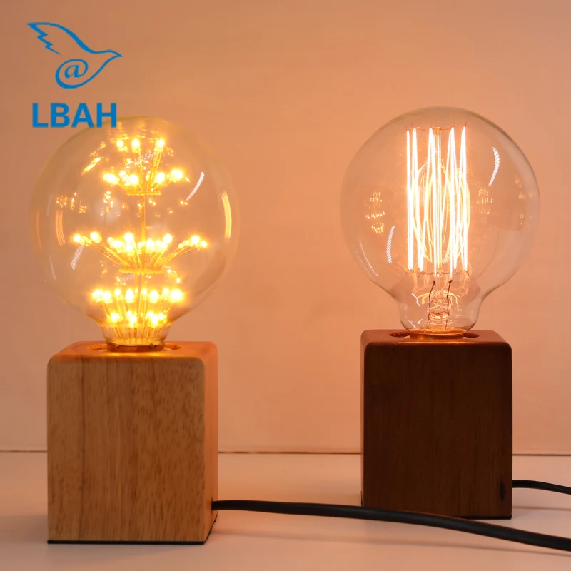 Beste LBAH Vintage Edison gloeilamp E27 Tafellamp Nachtkastje Cafe Nachtlampje Effen Houten lamphouder EU US Plug