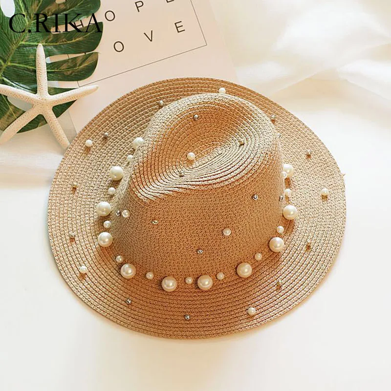 

2018 New Summer Women Pearl Straw Hat Beading Flat Brimmed Women elegant Outdoor Shading Sun Hat Lady Girls Jazz Beach Hat