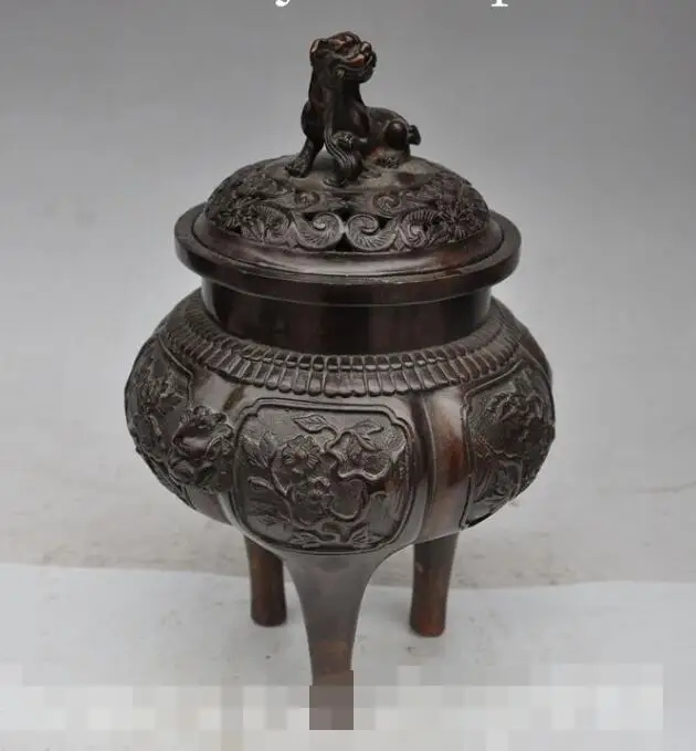 

S05713 11"chinese bronze foo dog lion beast head flower statue incense burner Censer