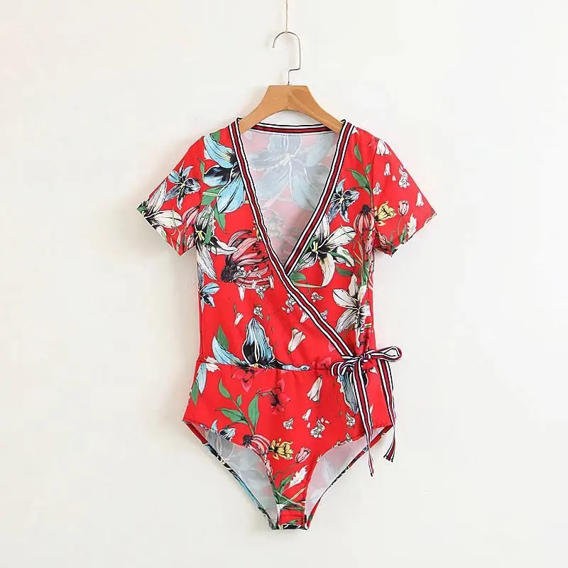 Summer Vintage Print Bodysuit Women V neck Jumpsuit Playsuit Lace Up