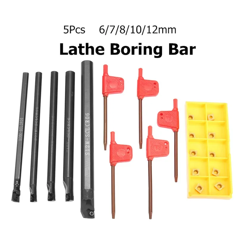 

Best Price 5Pcs SCLCR06 6/7/8/10/12mm Boring Bar Tunring Tool with 5Pcs CCMT0602 Inserts and Wrench For Lathe Turning Tools Set