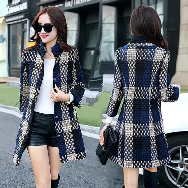 

Women's wool coat female long section autumn and winter new Korean version of Slim large size wool plaid cashmere woolen coat