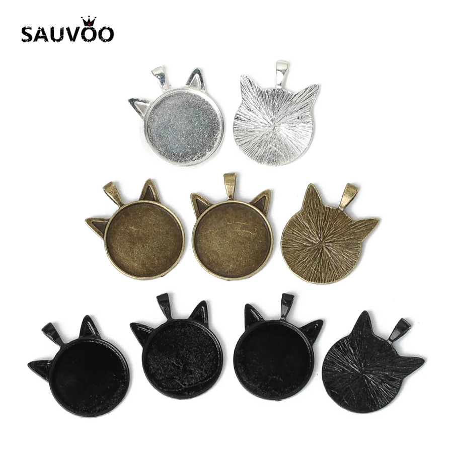 Sauvoo 10pcs/lot Black/Bronze/Silver Color Alloy Blank Pendant Base Cat Eye Shape Tray fit 25mm Glass Cabochon Jewelry Making | Украшения и
