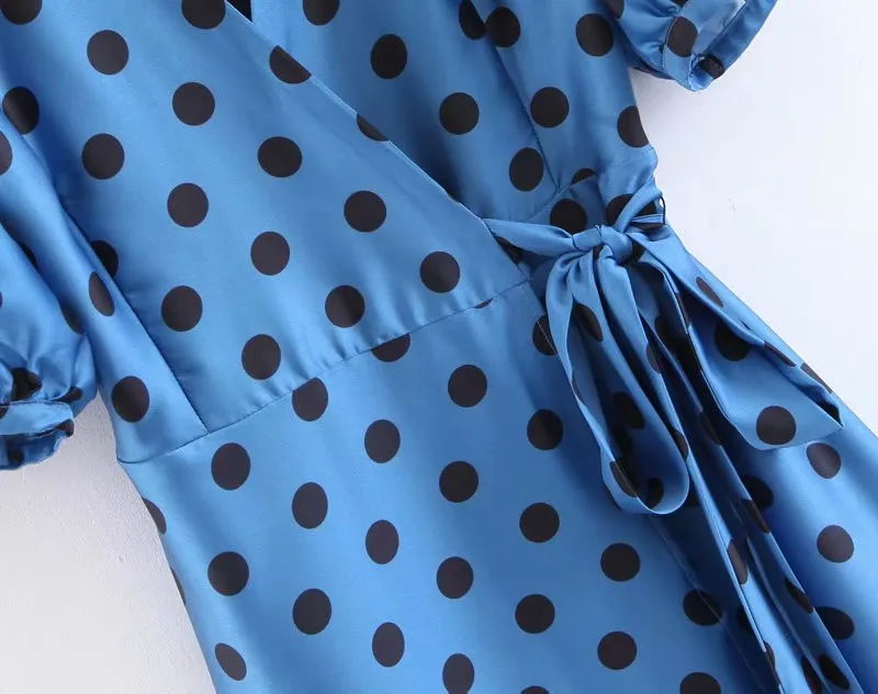 ROHOPO Blue Lantern Short Sleeve Polk Dot Midi Dress Tie Belt Flared V Collar British Tunic Dresses #BM1803