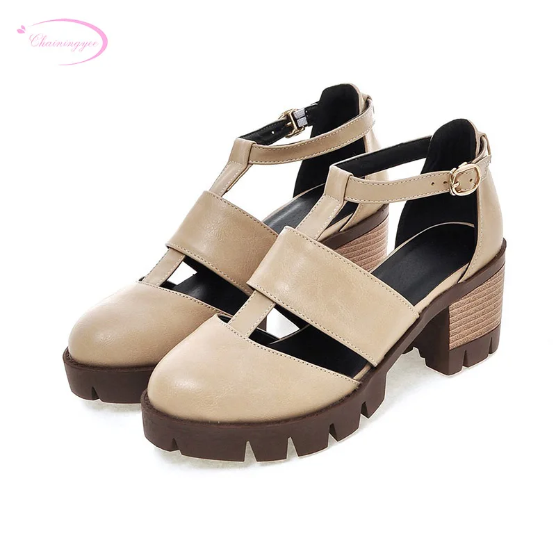 

Chainingyee leisure style comfortable round toe summer sandals belt buckle apricot gray brown black high-heeled women's shoes