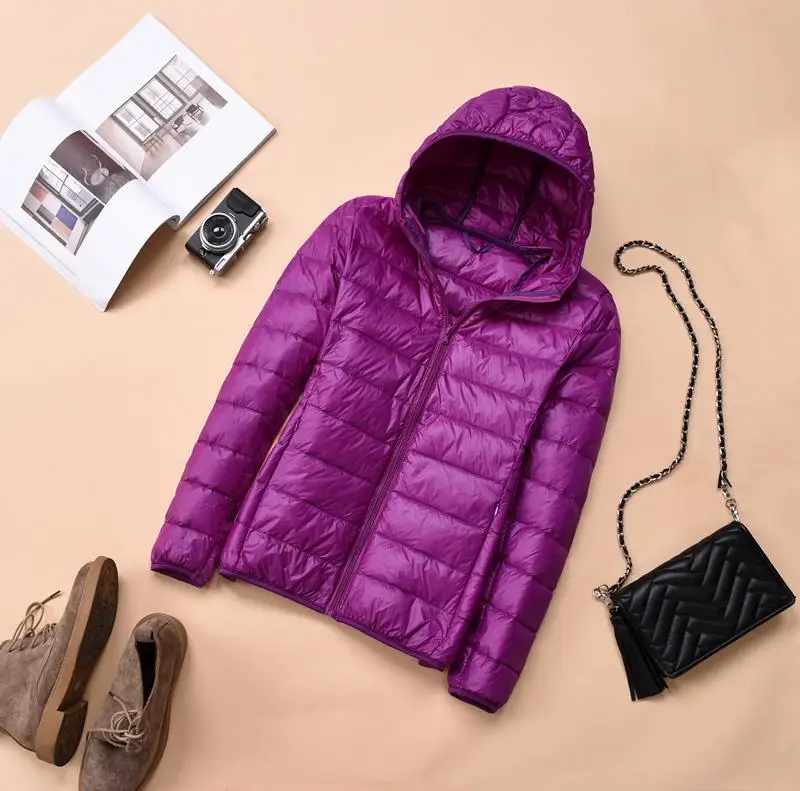 Женские осенние куртки модные ультра-тонкие с капюшоном дамские тонкие пальто размера плюс 4XL 5XL 6XL 90% утиный пух женские пальто с капюшоном - Цвет: Фиолетовый