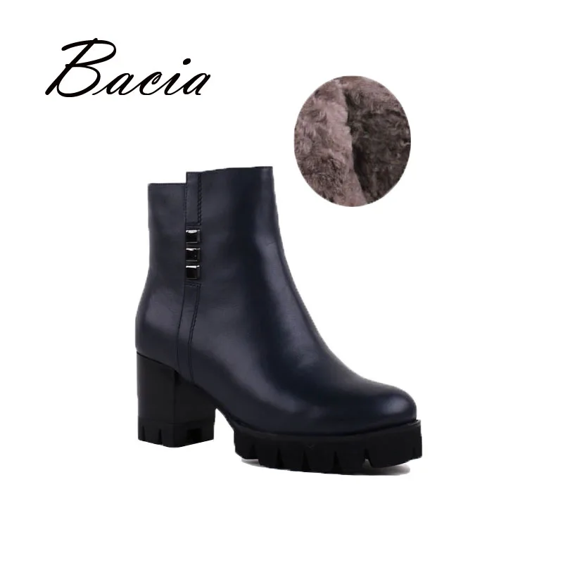 

Bacia Women Square Heel Ankle Boots With Warm Plush Inside For Autumn Winter Black Leather Cloth with Sequined Handmade VB036