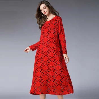 

2018 Fashion Ladies elegant long lace dress female Brushed lace A-line dress longos vestidoS cultivating party dress tunic XXXXL