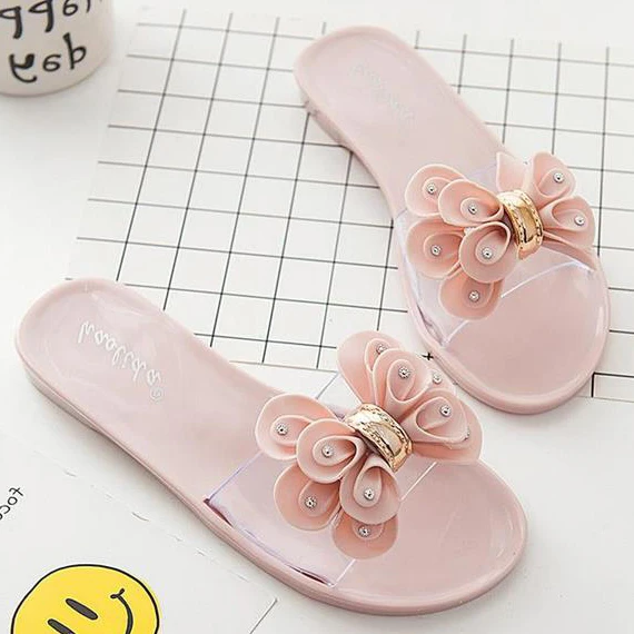 

Slides Women Flat Shoes Summer Flip Flops Indoor Outdoor Home House Slippers Floral Bow Tie Transparent Beach Sandals Fashion