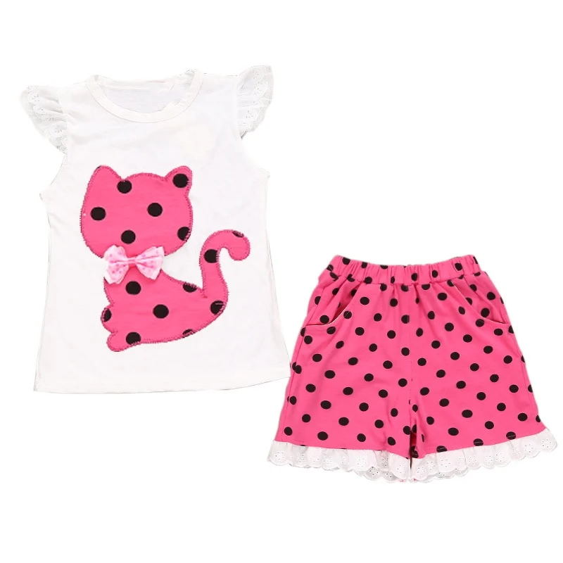 

Summer Baby Girls Short Sleeve Clothing Set Bow Cat Shirt+Pants Polka Dot Style Tops Clothing Set 2pcs