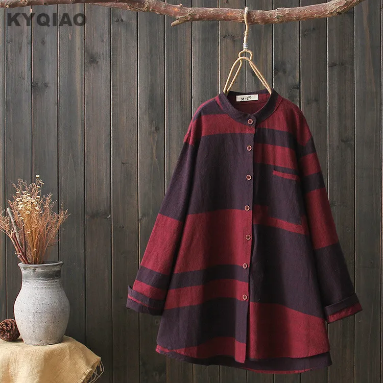 KYQIAO blusas mujer de moda 2020 Женская осенне-зимняя винтажная Свободная рубашка в клетку с