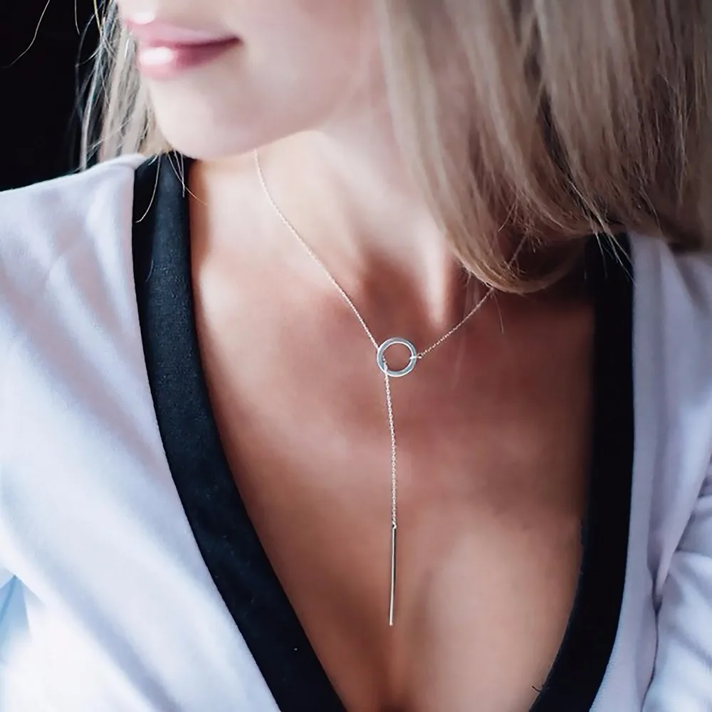 925 Sterling Silver Necklace Long Pendant Line Round Torque For Women Simple and Cute Romantic Style Fashion Jewelry Best Gift | Украшения