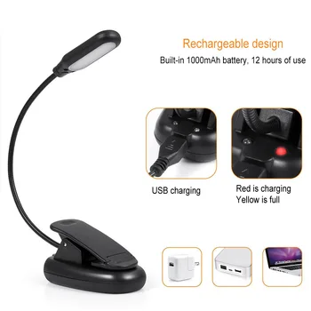 

Clamp Clip On LED Reading Light Flexible Bedside Lamp Portable Battery/USB Rechargeable Book Lights --M25