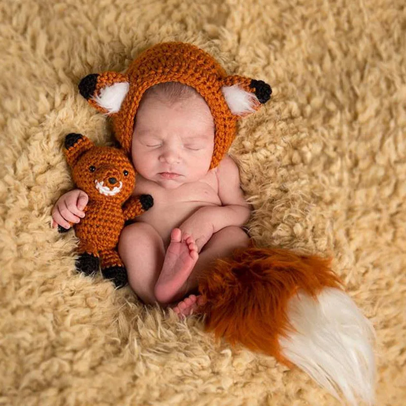 Реквизит для фотосъемки новорожденных; милый костюм с животными; вязаная шапка в форме лисы с ушками+ набор кукол-игрушек с лисой; аксессуары для фотосъемки детей