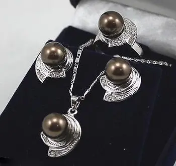 

Prett Lovely Women's Wedding 1 set 10mm Brown South Sea shell pearl pendant Necklace Earring Ring >AAA GP Bridal brincos