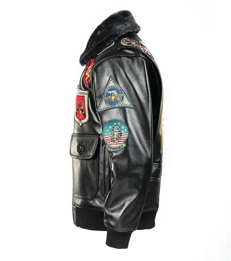 Мужская Черная куртка пилота из кожи пистолета размера плюс 3XL с шерстяным воротником из натуральной воловьей кожи в стиле милитари, куртка пилота по индивидуальному заказу