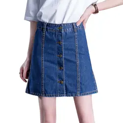 Летняя новая Однотонная синяя трапециевидная женская джинсовая юбка с высокой талией однобортная Женская мини-повседневная юбка выше