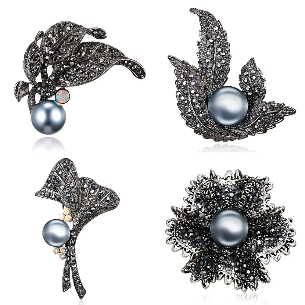 

Vintage Black Pearl Rhinestone Flower Leaf Plant Brooch Pins For Women Elegant Crystal Dress Brooches Jewelry Accessories Gifts
