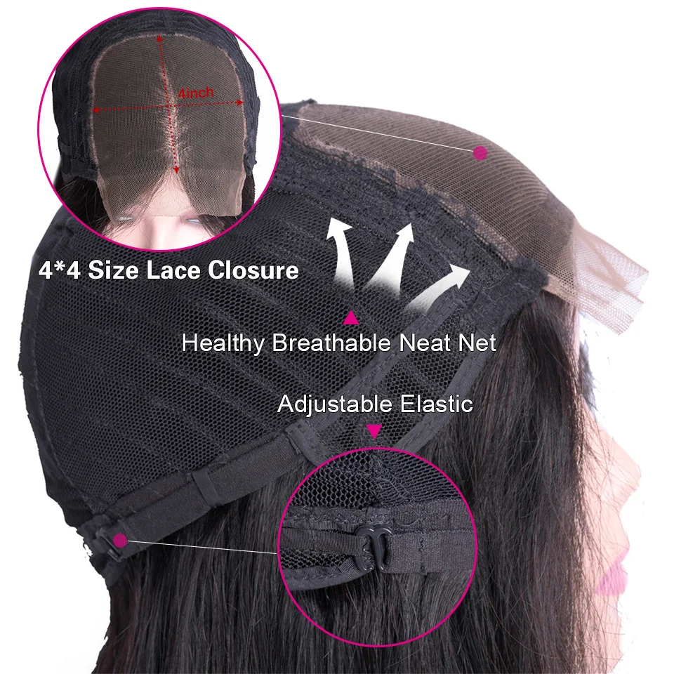 CGG Hair Wigs 4*4 Lace Closure Human Hair Wigs Mongolian Straight Hair Non-Remy Human Hair Natural Color 10-22 Inch adjustable -