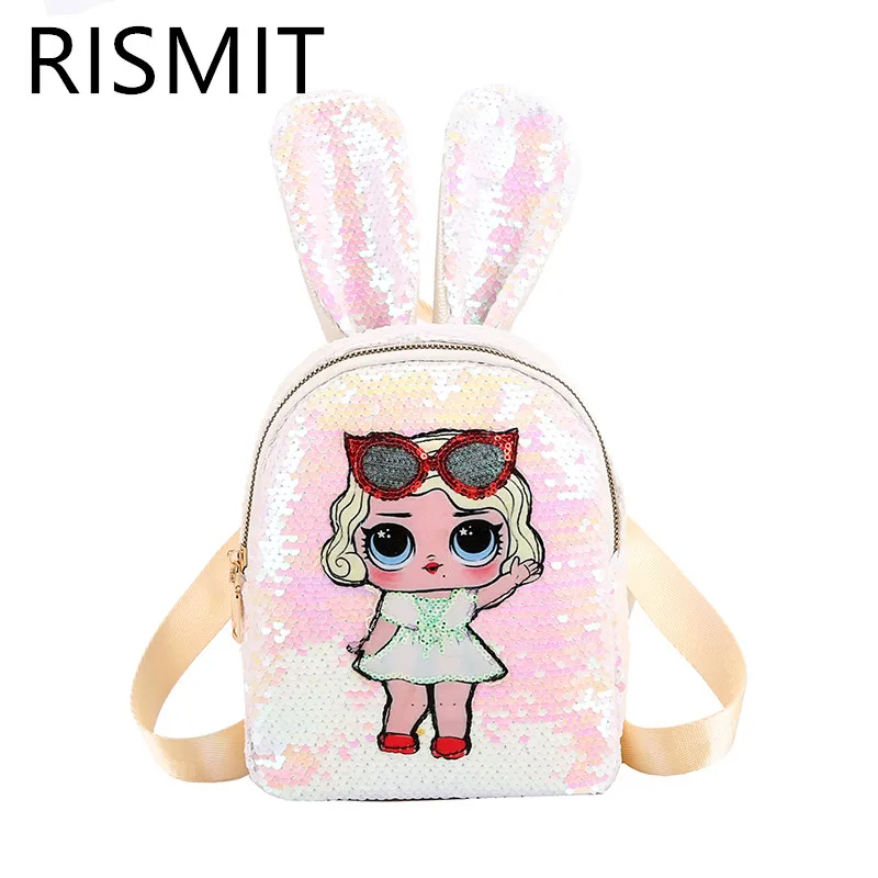

RISMIT Women Cute Rabbit Ears Backpack Double Shoulder Bag backpacks for Children with sequins Mini Travel bag BackpackCH27