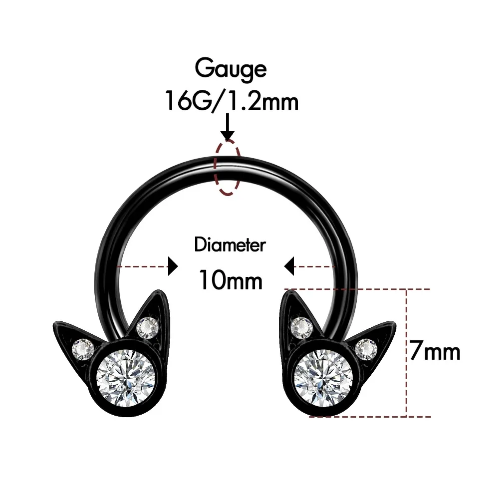 Кольцо для носа в стиле панк, 16 г, перегородка 316L, нержавеющая сталь, черный CZ, милый кот, подкова, круглая штанга, хрящи, серьги, ювелирные изделия