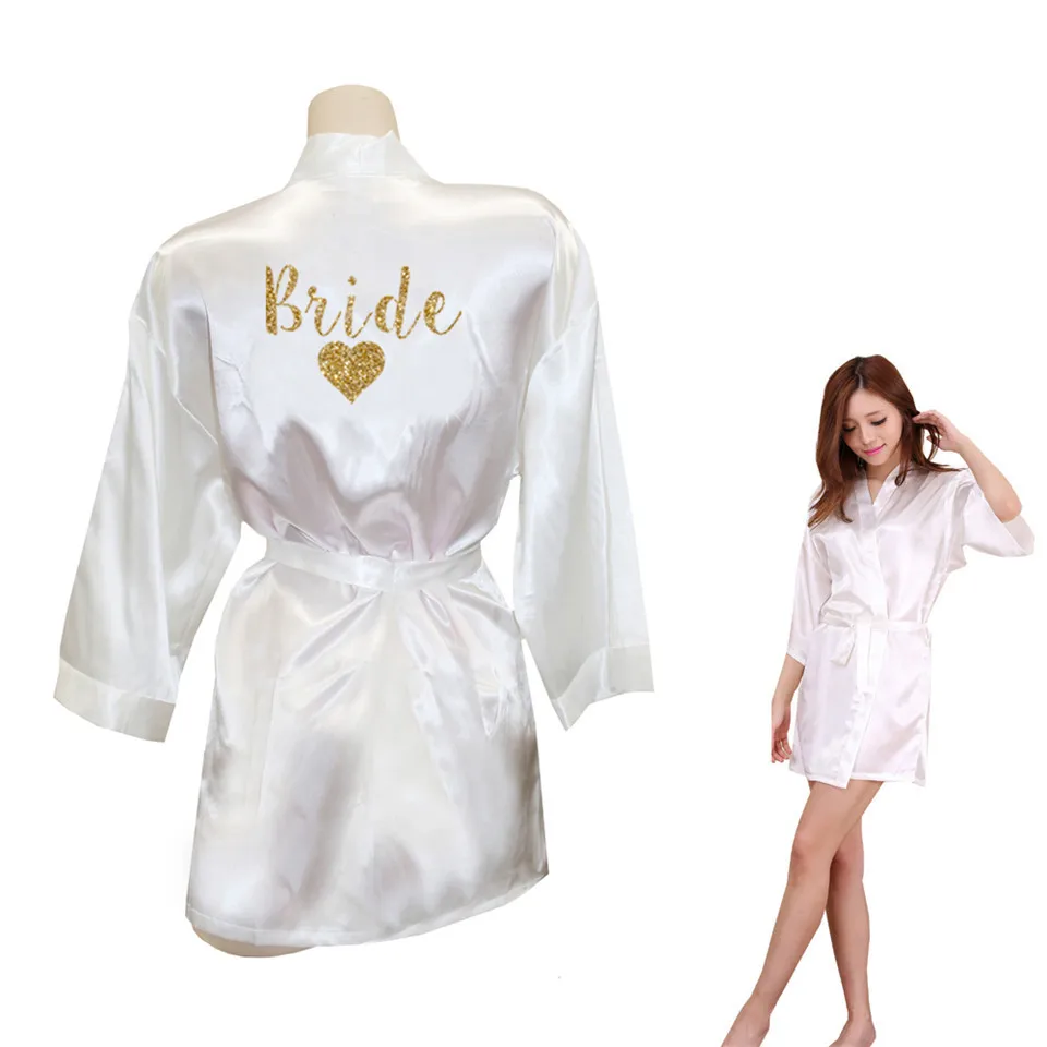 

Kimono Robe Faux Silk Women Wedding Preparewear Bride Team Heart Golden Glitter Print Robes Bachelorette Pajamas Free Shipping